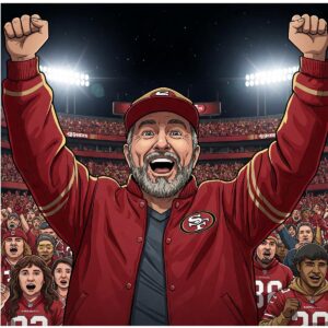  Enthusiastic San Francisco 49ers fan proudly wearing their team jacket at a game.