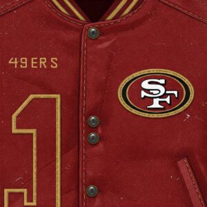 Detailed illustration of the San Francisco 49ers jacket logo and high-quality