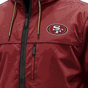 Illustration highlighting the weather-resistant features of a durable San Francisco 49ers jacket.