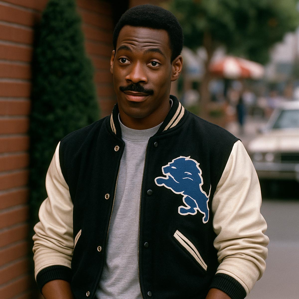 A man wearing an Axel Foley-style Detroit Lions varsity jacket with a blue lion logo, standing casually on a city sidewalk.