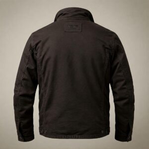 The back of a black Wolverine jacket featuring a high collar and a stitched logo patch on the upper back.