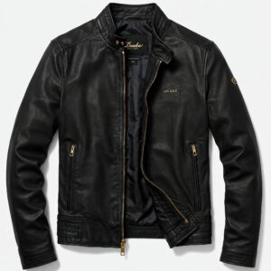 Classic black leather drake jackets with gold zippers and stand collar design