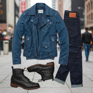 A casual outfit featuring a blue leather jacket, jeans, and boots.