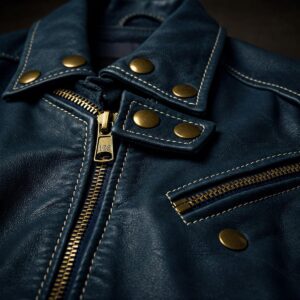  Close-up details of a blue leather jacket, highlighting stitching and hardware.
