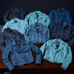 Various shades of blue leather jackets displayed together.