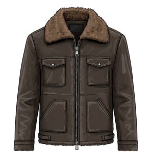 Front view of a brown shearling fur jacket for men with multiple pockets and a thick collar
