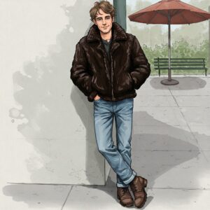 Casual street style look with a man in a brown fur jacket, blue jeans, and boots