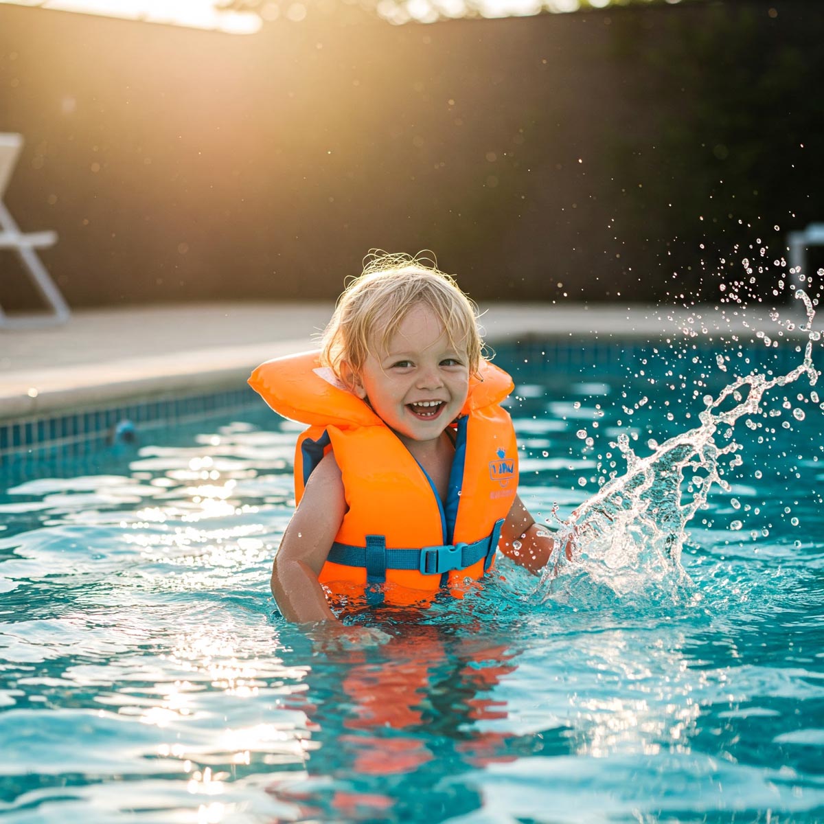 A happy child wearing a properly fitted children's life jacket while playing safely in a swimming pool.