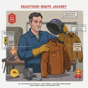 Illustration of a man selecting a welding jacket, highlighting heat resistance, fabric material, and proper protective gear.