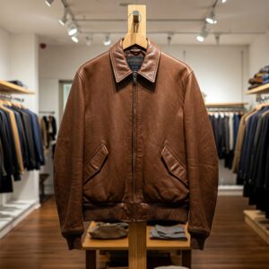 A classic brown leather bomber jacket on display in a clothing store.