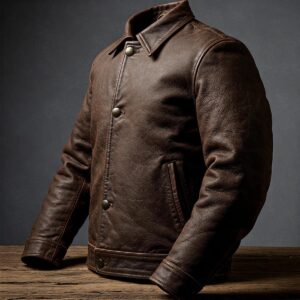 A brown leather bomber jacket displayed upright on a rustic wooden table against a dark background.