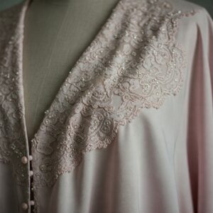 An elegant vintage-style bed jacket with intricate detailing.
