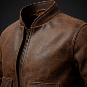 Close-up of a brown leather bomber jacket showing textured leather and zipper details.