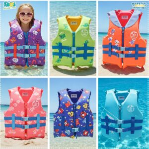 A collection of colorful and appealing life jackets designed to encourage kids to wear them for water safety.