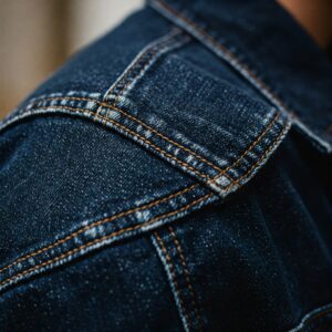 Close-up of denim material and stitching on a concealed carry jacket