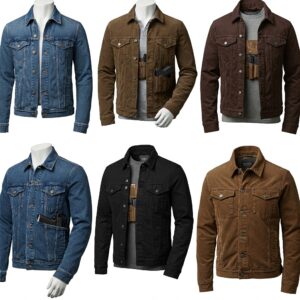 Denim concealed carry jacket collection with built-in holster system