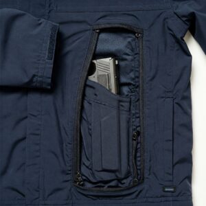 Concealed carry jacket featuring hidden holster inside navy inner pocket