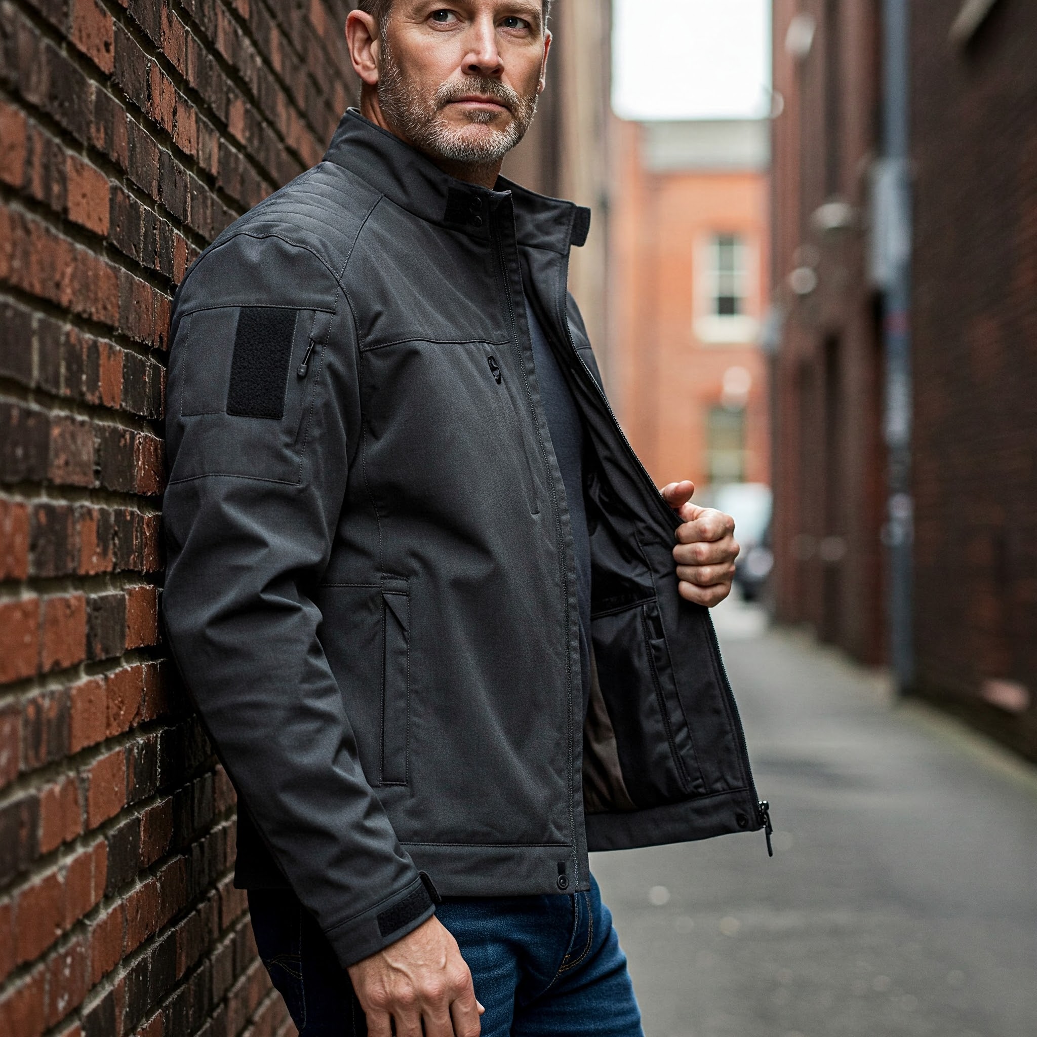 Man wearing tactical concealed carry jacket in urban alley