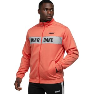 Coral athletic track-style drake jackets with contrasting reflective strip and text