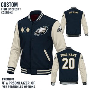 Design concept for a custom eagles varsity jacket with personalized options.