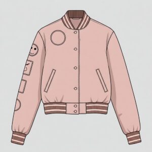 Illustration showing a customizable women's varsity jacket with space for personalized patches or logos.