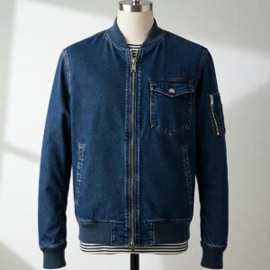Stylish men's denim bomber jacket with ribbed cuffs and collar.