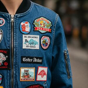 Denim bomber jacket featuring unique embroidered patches for a personalized look.