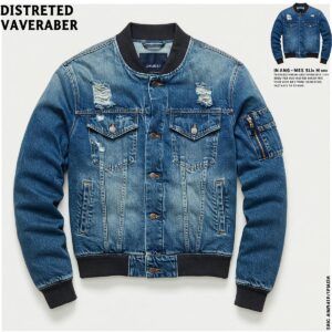 Different styles of denim bomber jackets, including distressed and slim fit options.