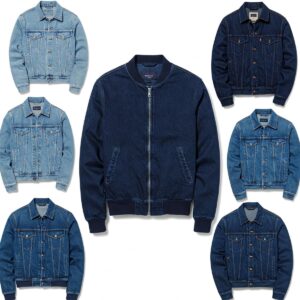Various denim washes available for bomber jackets, from light to dark blue.