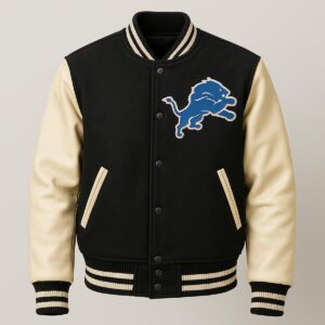 A front view of the Axel Foley Detroit Lions varsity jacket with cream sleeves and a bold blue lion logo.