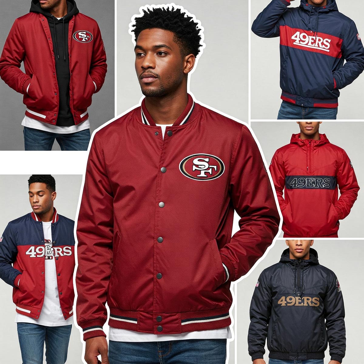 Collection of different San Francisco 49ers jacket styles, including bomber and windbreaker options.
