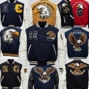 A collection of various eagles varsity jackets in different styles and colors.