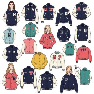 Illustration displaying a variety of different styles and colors of women's varsity jackets.