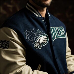 Close-up view of an eagles varsity jacket highlighting embroidered details and quality fabric.