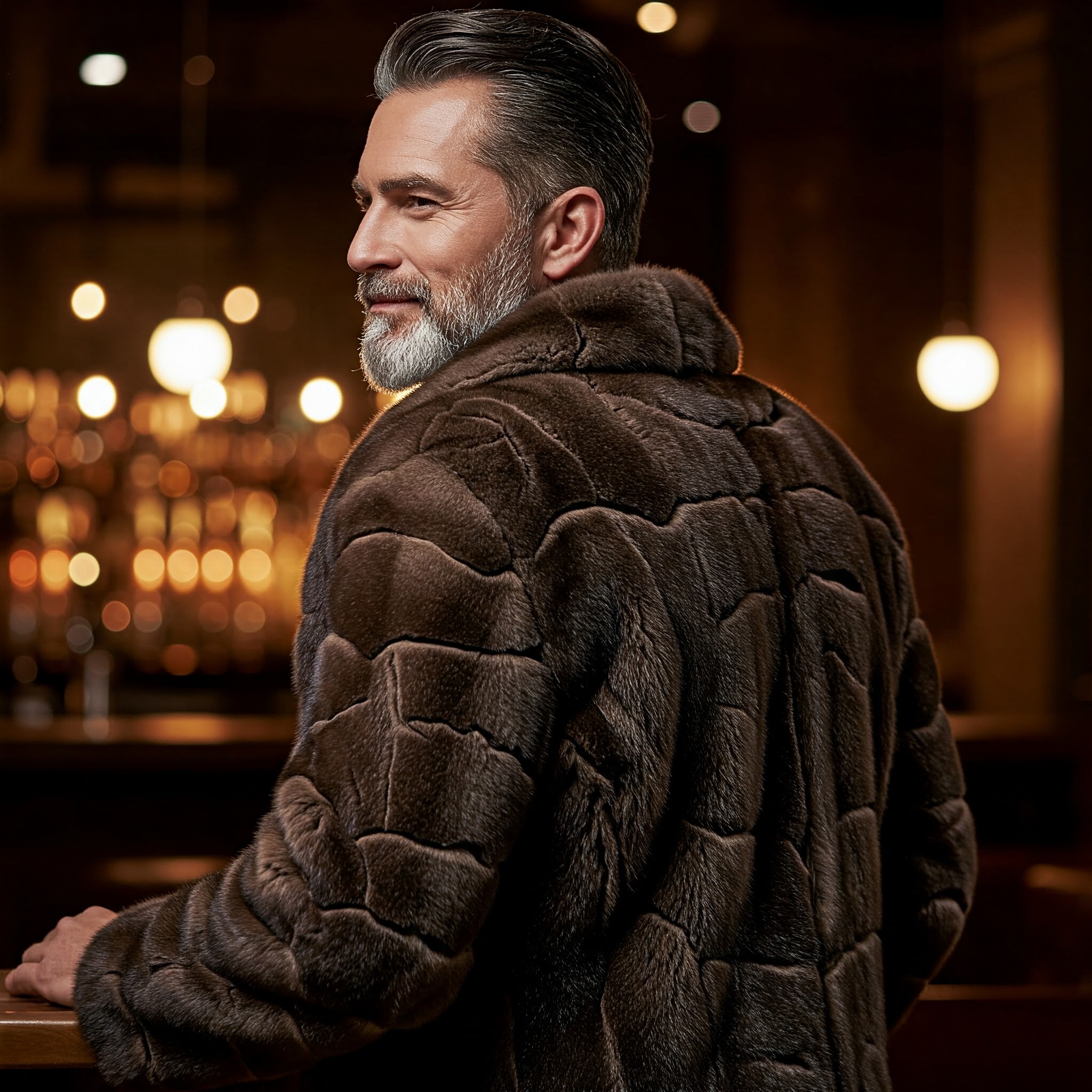Stylish older man wearing an elegant mink fur jacket at a dimly lit upscale bar