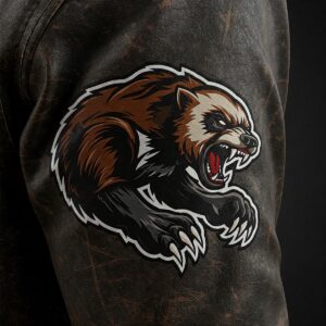 A close-up of an embroidered wolverine animal patch on the sleeve of a distressed brown leather jacket.