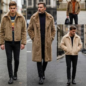 Key features of a men's faux fur jacket: zipper, pockets, and collar.