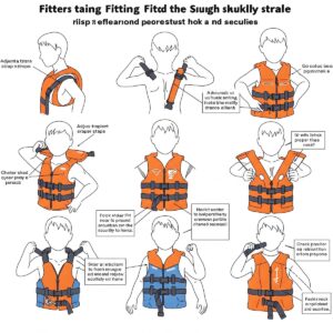 Diagram illustrating the correct steps for fitting a children's life jacket snugly and securely on a child.