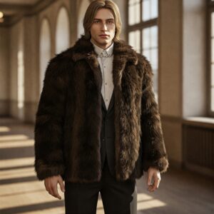 Man in a luxurious brown fur jacket over a formal suit standing in a grand hallway