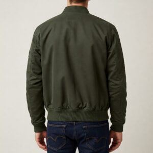 Back view of green bomber-style drake jackets with ribbed hem and cuffs