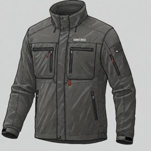 An illustrated grey Wolverine jacket with multiple zippered chest and arm pockets and high collar design.