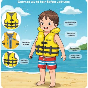 Illustration showing the correct way to wear a life jacket for kids, highlighting safety features.