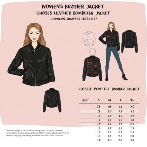 Illustrated size chart and design overview of a women’s leather bomber jacket with front and back views. 