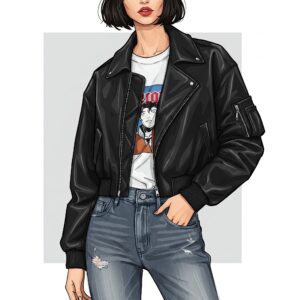 Stylish woman wearing a black leather bomber jacket paired with graphic tee and ripped jeans. 