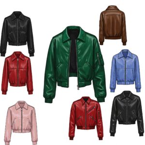 Variety of women’s leather bomber jackets in different colors including black, red, green, brown, blue, and pink. 