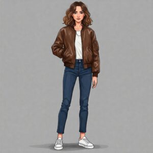 Woman in a brown leather bomber jacket, white t-shirt, and jeans standing casually with hands in pockets. 