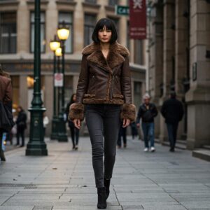 Illustration showcasing various fur trim options for a leather jacket, such as shearling and faux fur.