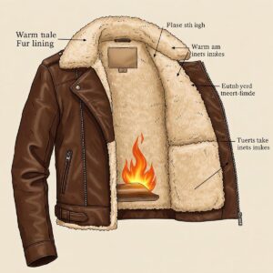 Detailed illustration of a leather jacket with a fur-lined hood and zipper closures.