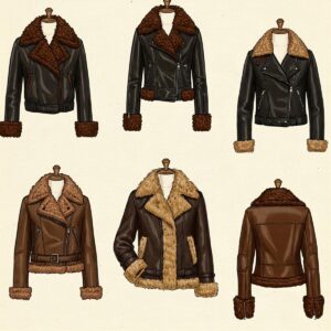 Illustration displaying leather jackets with fur accents in black, brown, and tan colors.