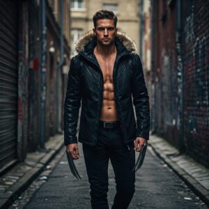 A muscular man wearing an open black Wolverine jacket with a faux fur hood, standing in an urban alley while holding metal claws.
